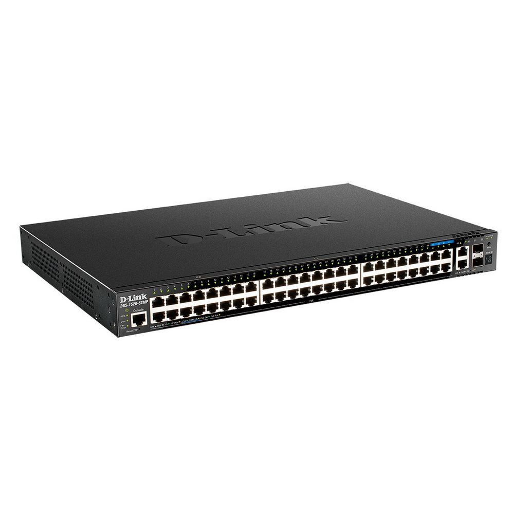 Коммутатор D-Link DGS-1520-52MP/A1A Управляемый L3 стекируемый коммутатор с 44 портами 10/100/1000Base-T, 4 портами «100/1000/2.5GBase-T, 2 портами 10GBase-T и 2 портами 10GBase-X SFP+ (48 портов PoE 802.3af/at, PoE-бюджет 370 Вт