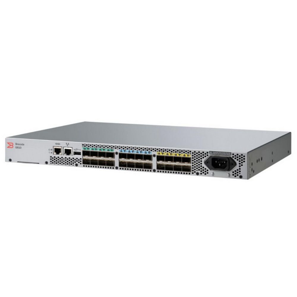 Коммутатор Brocade G610 24-port FC Switch, 8-port licensed, included 8x 32Gb SWL SFP28 transceivers, 1 PS, Rail Kit