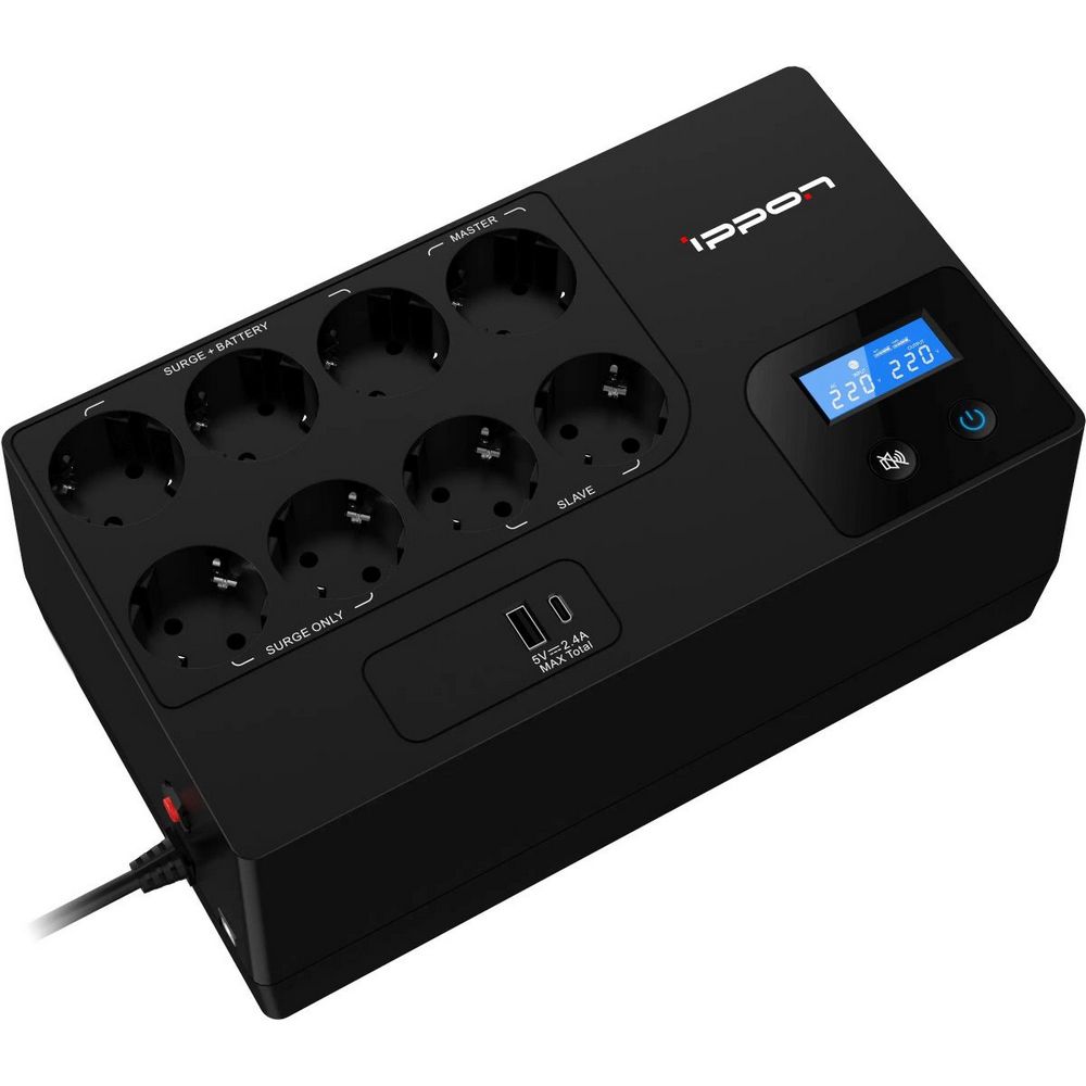 ИБП IPPON Kirpich 650 черный (линейно-интерактивный, 650VA, 360W, 6+2xEURO, USB, USB-зарядное устройство 5 В, 2.4 А (1А+1С)) (2003035)