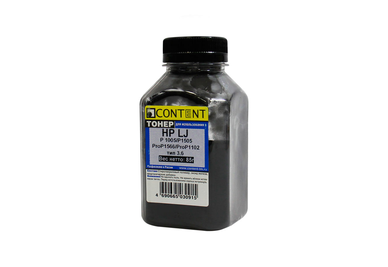 Тонер Content для HP LJ P1005/P1505/ProP1566/ProP1102, Тип 3.6, Bk, 85 г, банка