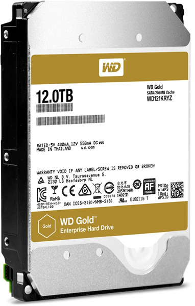 Western Digital GOLD HDD 3.5" SATA 12Tb, 7200rpm, 256MB buffer, WD121KRYZ, 1 year
