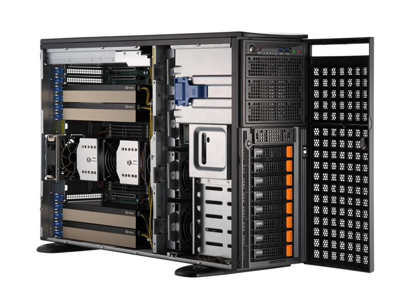 Supermicro SuperServer GPU Tower 741GE-TNRT noCPU(2)4/5 Gen Xeon Scalable/TDP 350W/no DIMM(16)/ SATARAID HDD(8)LFF/2xM.2 NVMe 3xFH/2x10GbE/2x2000W