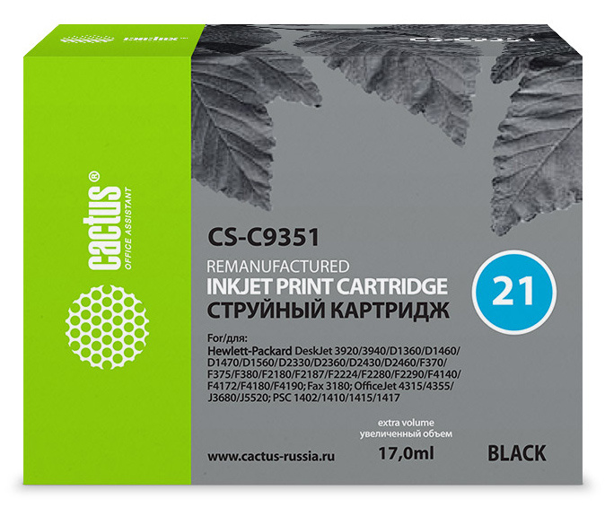 Cactus CS-C9351 №21 черный (17мл) для HP DJ 3920/3940/D1360/D1460/D1470/D1560/D2330/D2360/D2430/D2460/F370/F375/F380/F2180/F2187/F2224/F2280/F2290/F4140/F4172/F4180/F4190