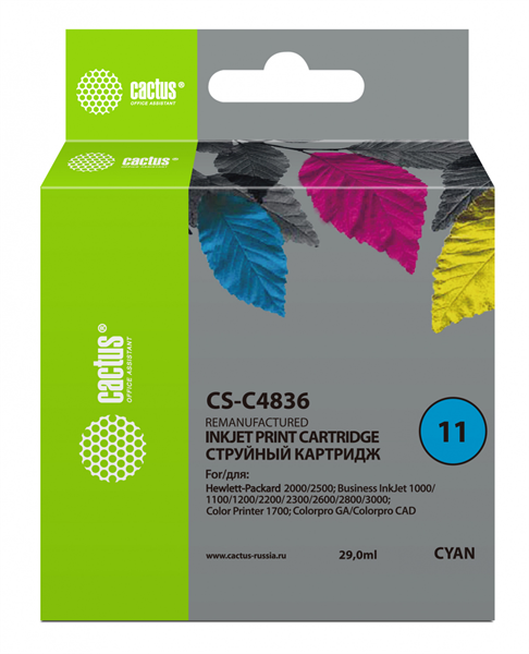 Cactus CS-C4836 №11 голубой (29мл) для HP BIJ 1000/1100/1200/2200/2300/2600/2800