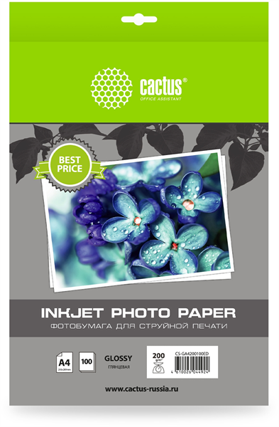 Cactus CS-GA4200100ED A4/200г/м2/100л./белый глянцевое для струйной печати