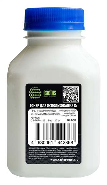 Cactus CS-THP4-120 черный флакон 120гр. для принтера CB435A/CB436A/CE278A/CE285A/CF283A/CF244A/CF283X, принтеров HP LJ P1005/P1006/P1100/P1102/P1505/P1566/P1606/M1132/M1212/M1214/M1217/M1522/M1536, LJ