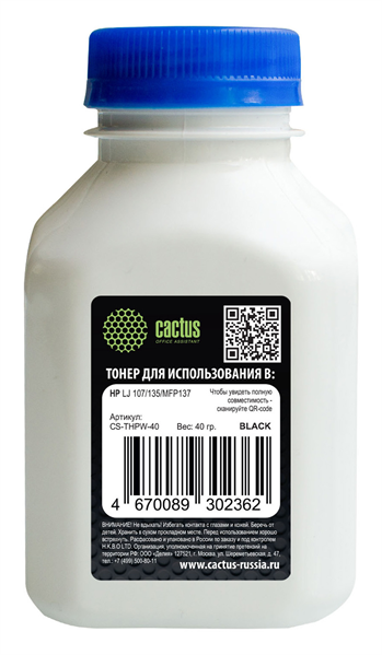 Cactus CS-THPW-40 черный флакон 40гр. для принтера HP LJ 107/135/MFP137/408/MFP432
