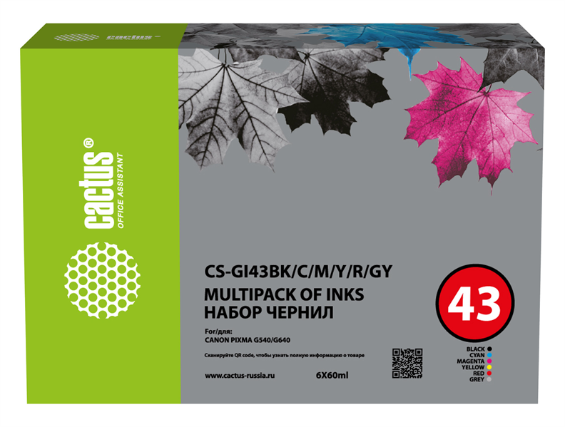 Cactus CS-GI43BK/C/M/Y/R/GY голубой/пурпурный/желтый/черный 6x60мл для Canon Pixma G640/G540